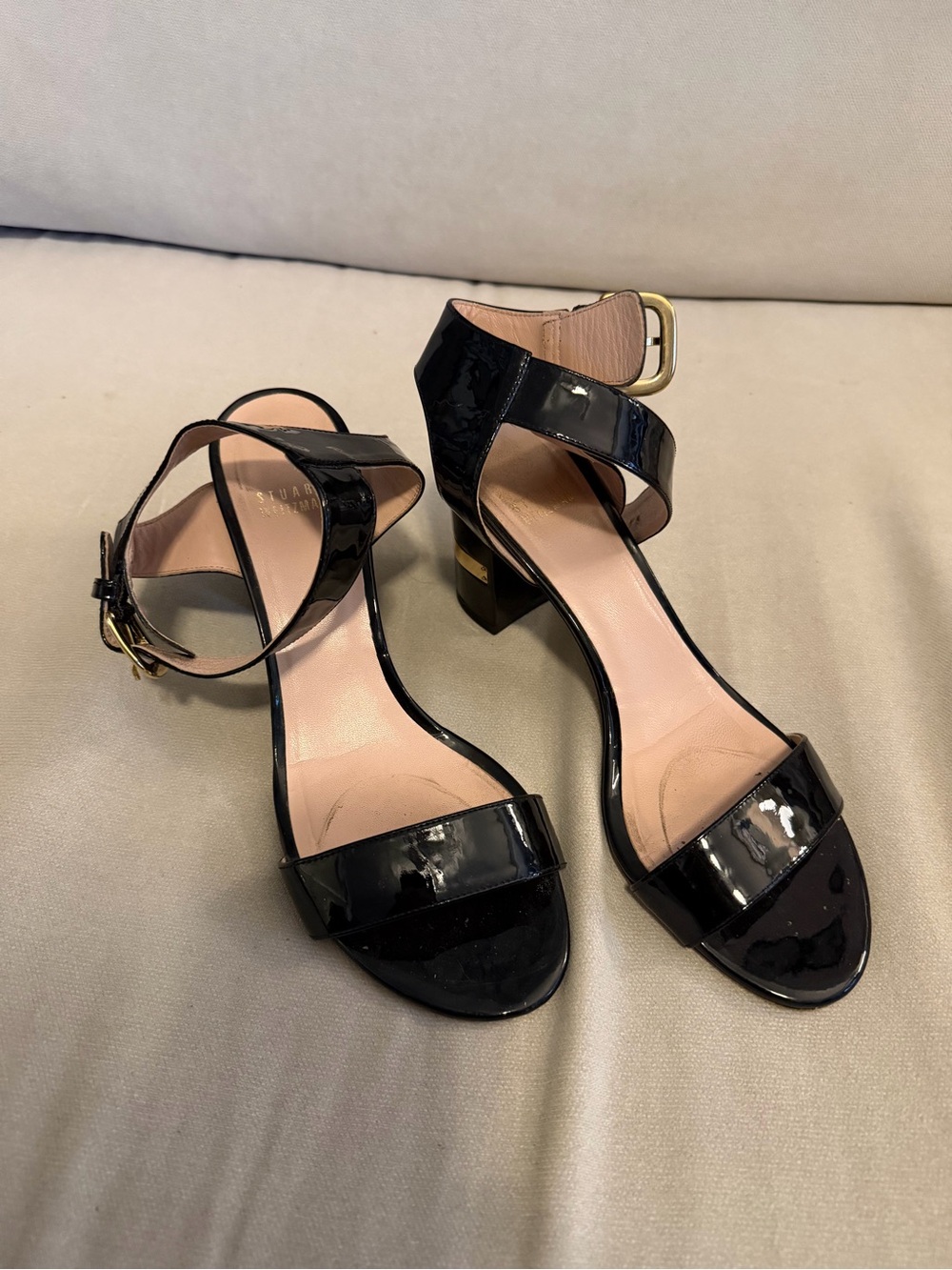 Stuart Weitzman Black Patent Block Heel Sandals with Ankle Strap